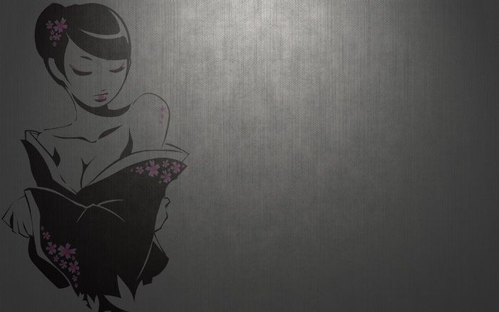 Anime girl in kimono with pink flowers