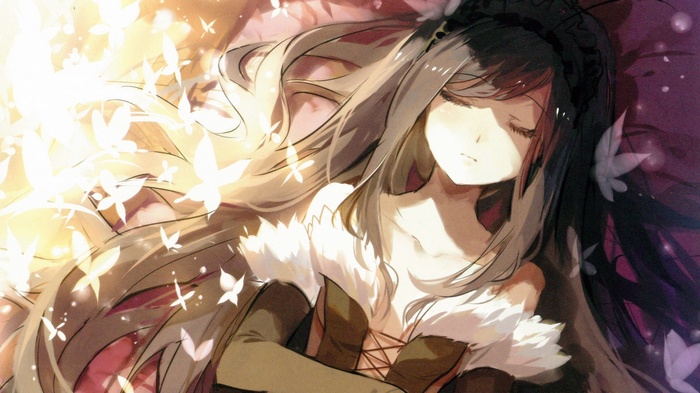 Kuroyukihime from Accel World sleeping among butterflies