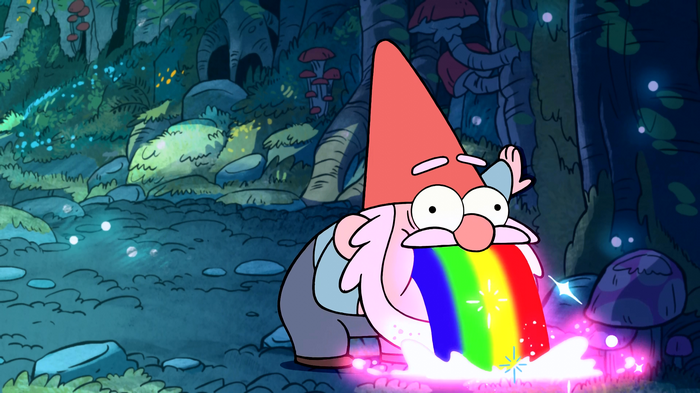 Gnome from Gravity Falls shooting a rainbow
