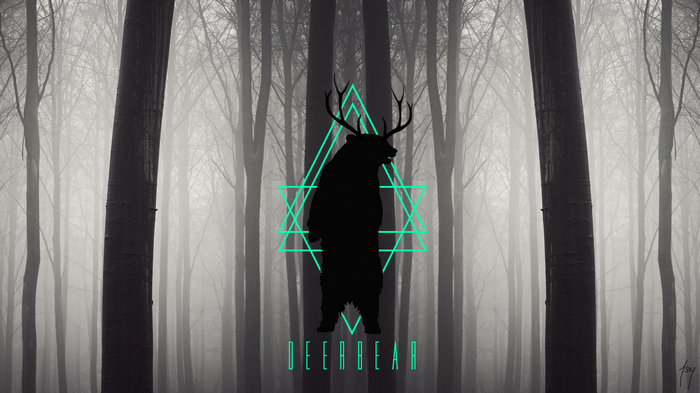 Bear with deer antlers in a foggy forest