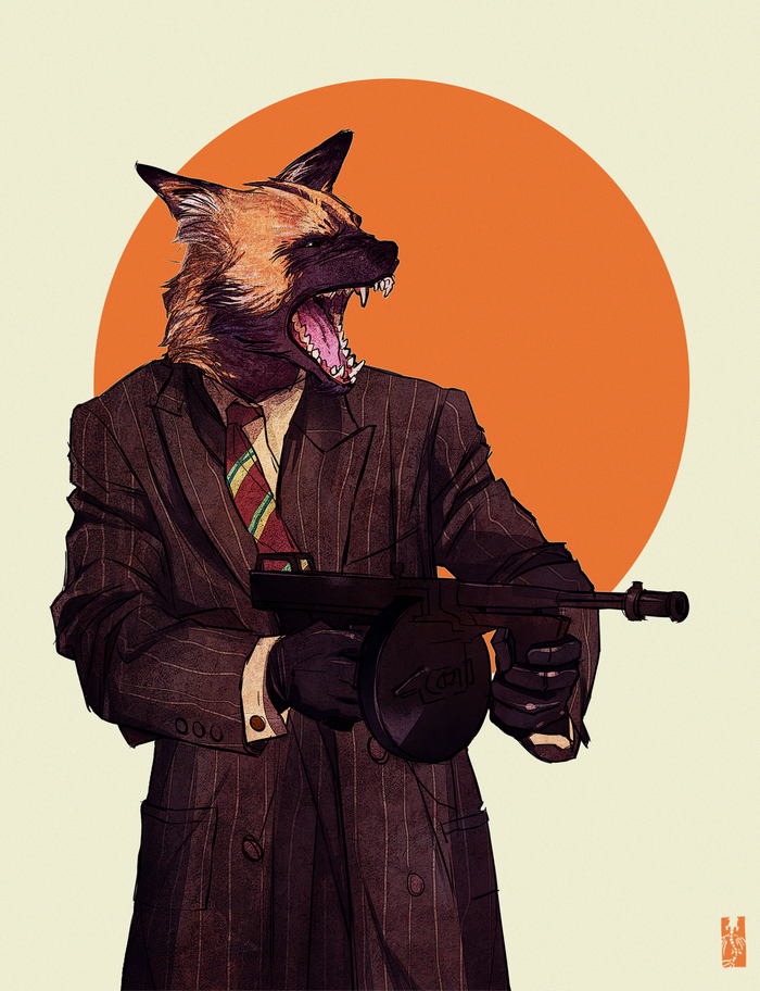 Anthropomorphic dog in a suit holding a tommy gun