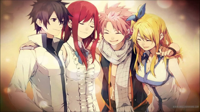 Fairy Tail characters Gray, Erza, Natsu, and Lucy