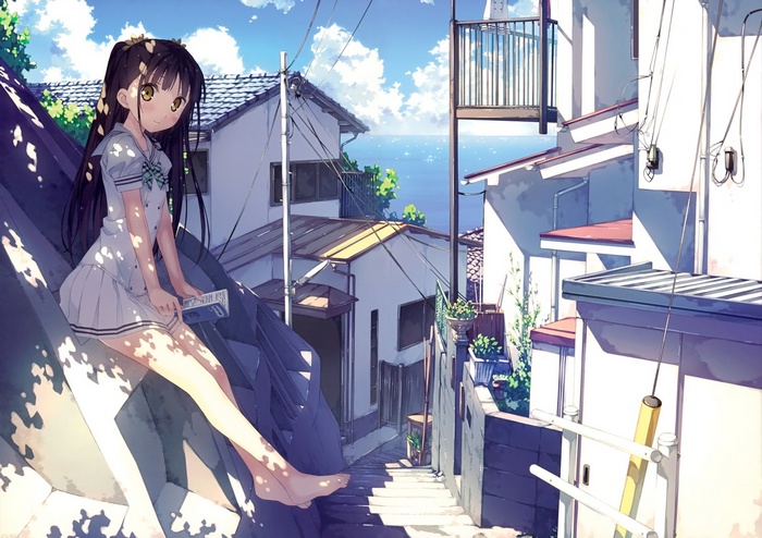 Nagisa (Kantoku) reading in a sunny sea village
