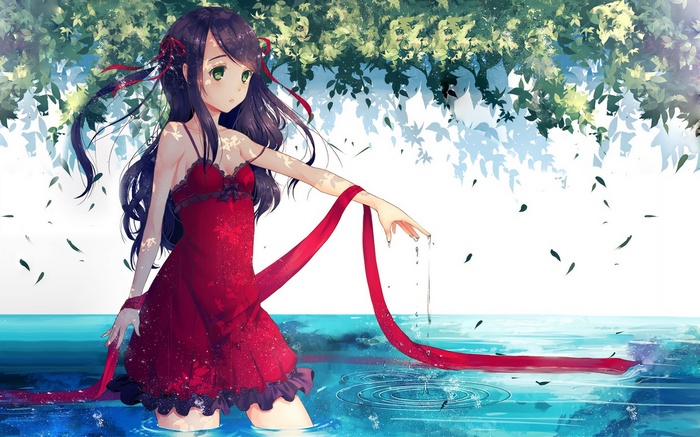 Anime girl in red dress in water with leaves