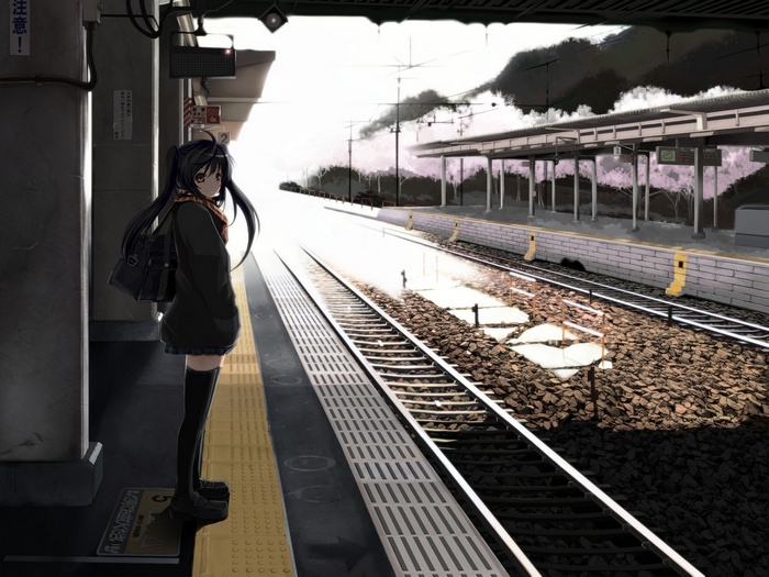 Anime girl waiting at a train station