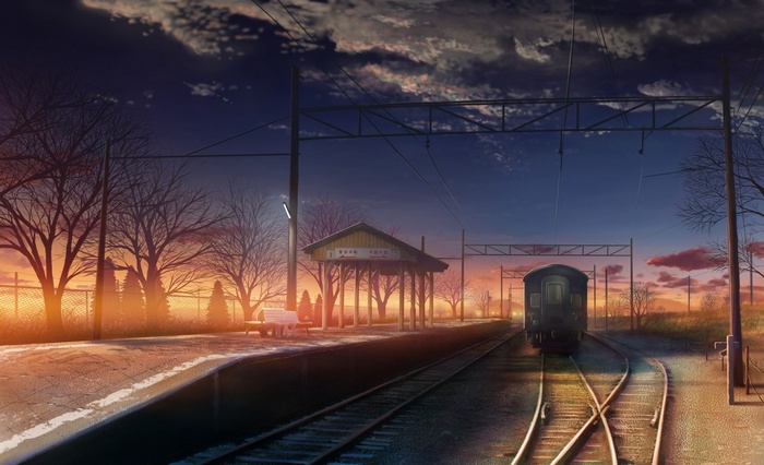 Anime train station at sunset with a train