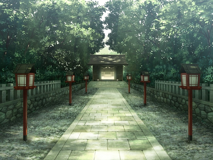 Anime shrine path with stone lanterns and trees