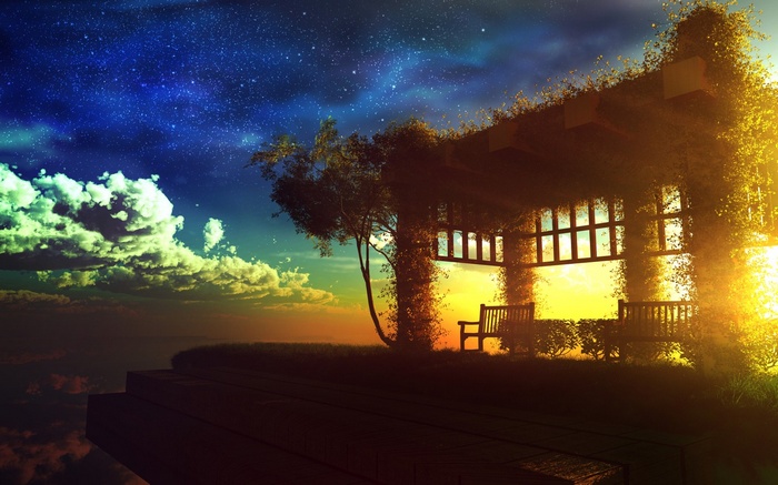 Digital art of a sunset over a garden with benches