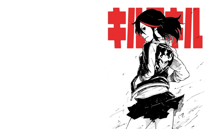 Matoi Ryuuko from Kill la Kill with red Japanese text