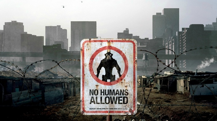 District 9 'No Humans Allowed' Sign in a Post-Apocalyptic City