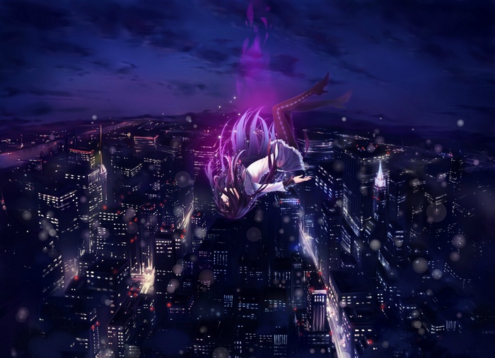 Akemi Homura falling over a city at night