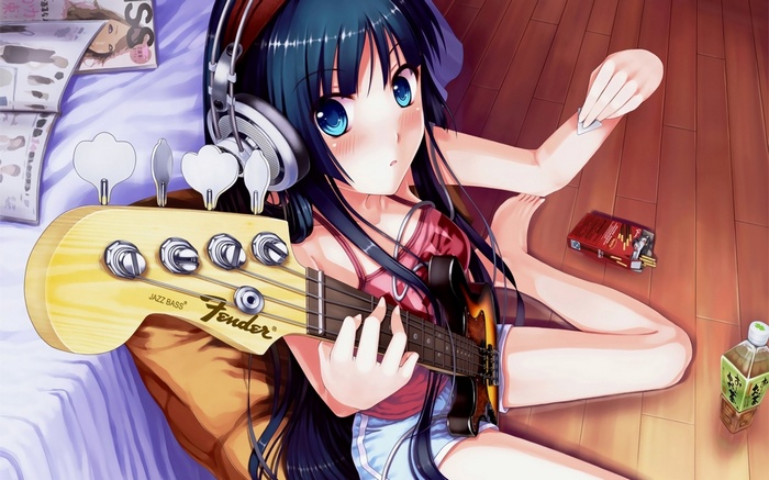 Akiyama Mio with Fender Jazz Bass and Headphones