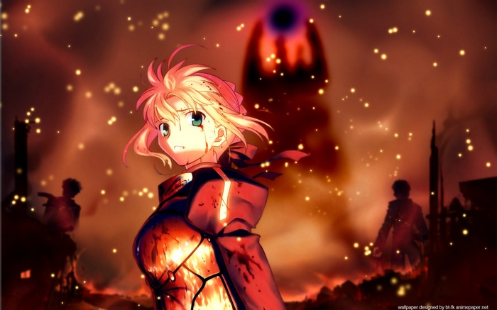 Saber from Fate Series in a fiery battle