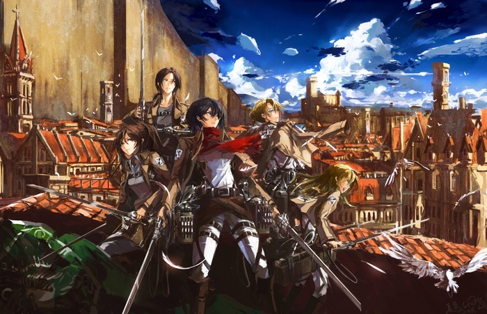 Attack on Titan characters in a city