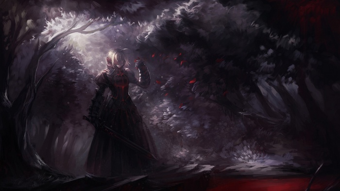 Saber Alter in a dark forest with red petals