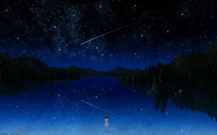 Anime girl watches shooting stars over a lake at night