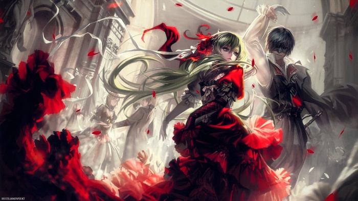 Anime couple dancing with red roses and petals