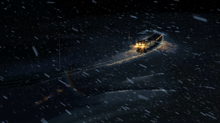 Anime train in a snowstorm at night