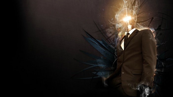 Man with a lightbulb for a head and abstract elements