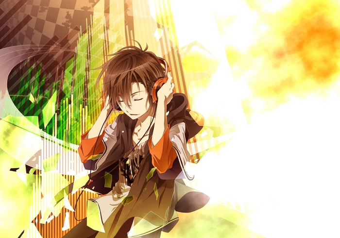Anime boy with headphones listening to music