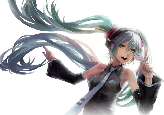 Hatsune Miku singing with a microphone