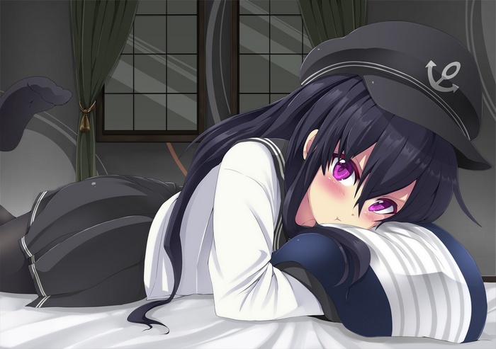 Akatsuki from Kantai Collection blushing on a pillow