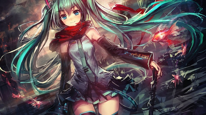 scarf twintails neckties zettai ryouiki anime girls long hair Vocaloid blue eyes anime smiling fish Hatsune Miku aqua hair thigh-highs