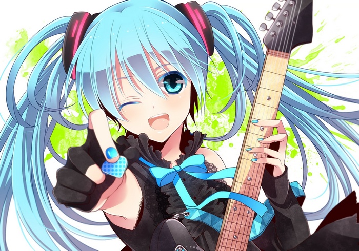 Hatsune Miku playing a guitar and winking