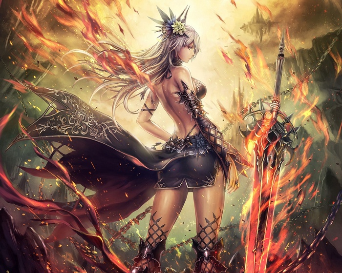 Anime girl with sword surrounded by fire