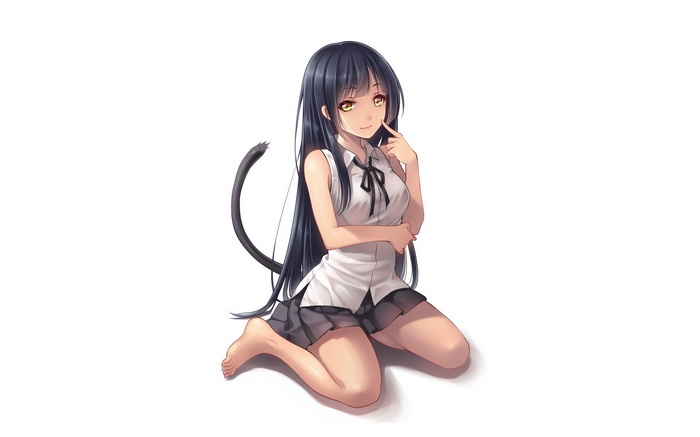 Anime girl with cat tail kneeling