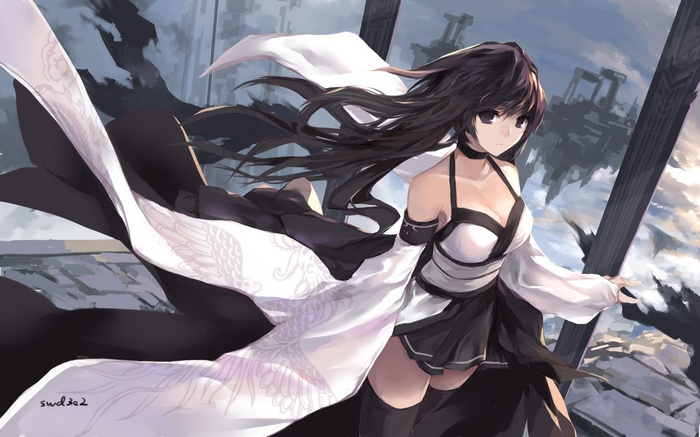 Anime girl with black hair and white and black outfit