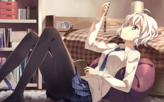 Anime girl with white hair holding a phone