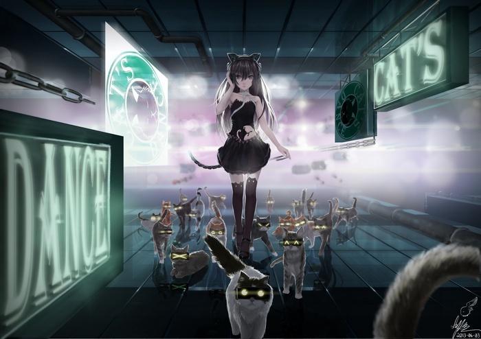 Anime girl with cat ears and cats in a club
