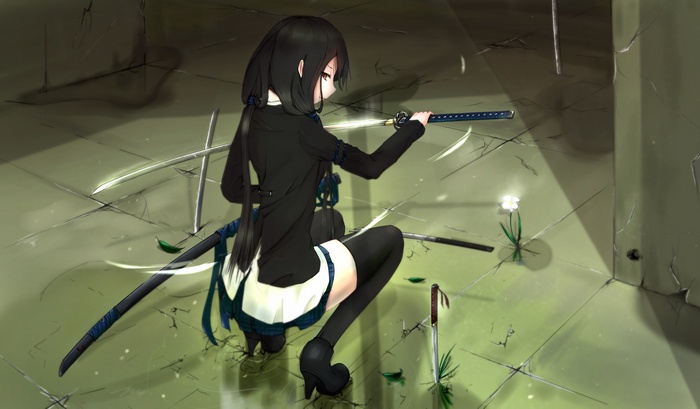 Anime girl with black hair holding a katana