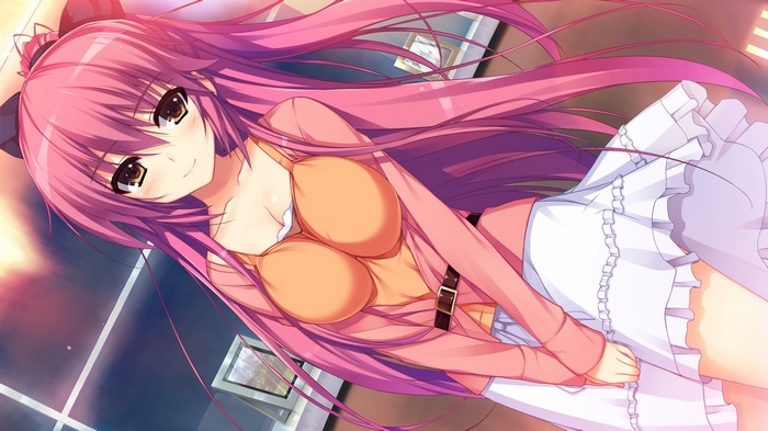 Anime girl with pink hair in orange top and white skirt