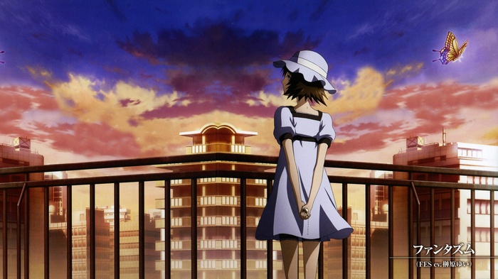 Shiina Mayuri from Steins;Gate on a balcony at sunset