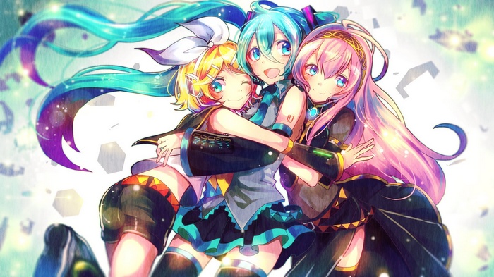 Kagamine Rin, Hatsune Miku, and Megurine Luka hugging