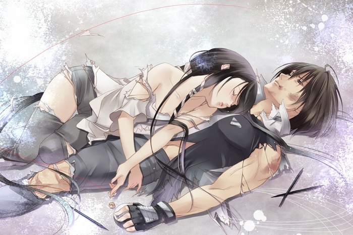 Anime couple lying down, one resting on the other