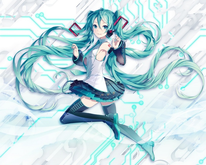Hatsune Miku with long turquoise hair and headphones