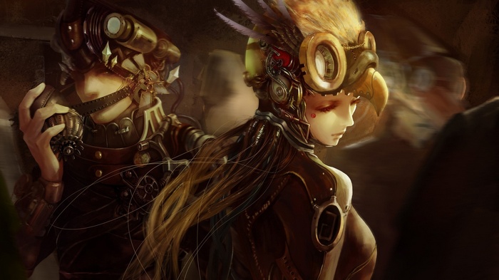 Steampunk soldiers with bird-like helmets
