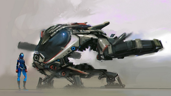 Science fiction concept art of a mech and pilot