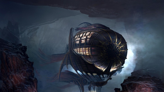 Steampunk airship in a rocky cavern