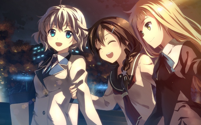 Three anime girls smiling at night
