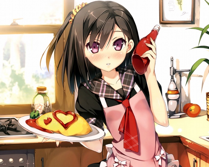 Shizuku (Kantoku) making Omurice in the kitchen