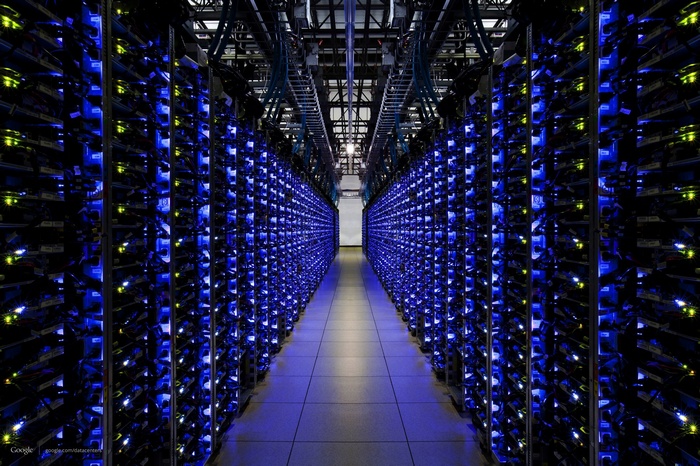 Google Datacenter Server Racks with Blue Lights