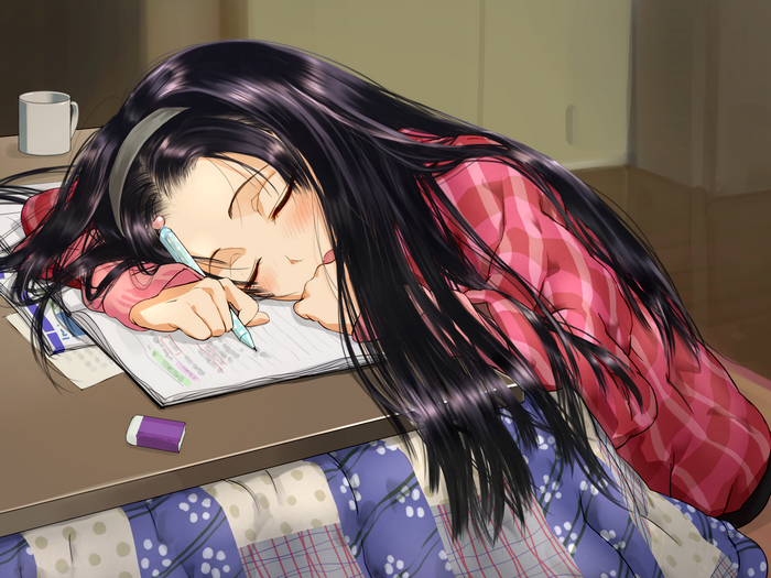 Anime Girls Dark Hair Sleeping Studying