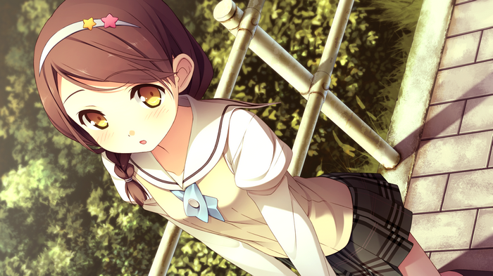Anime schoolgirl with brown hair and stars in her hair