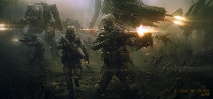 Futuristic mercenaries in a battle