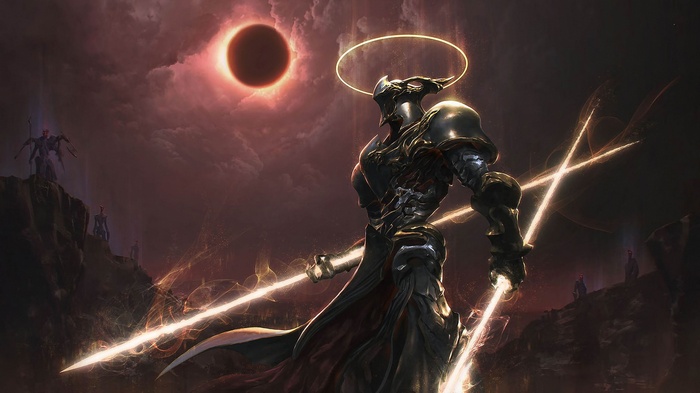 Apocalyptic Knight with Glowing Swords Under Solar Eclipse