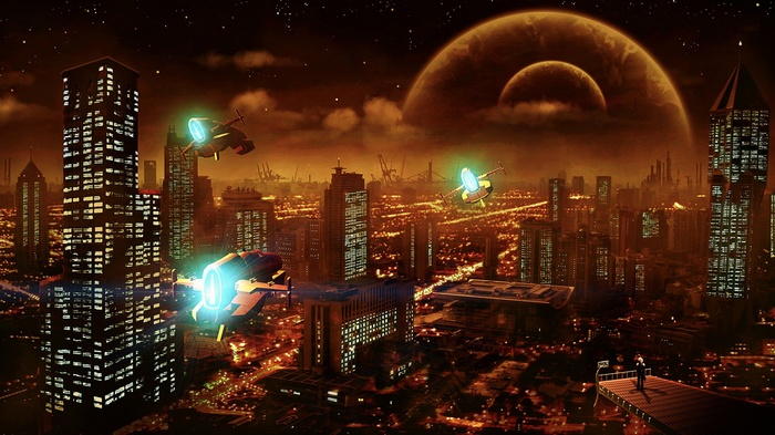 Futuristic city at night with spaceships and planets